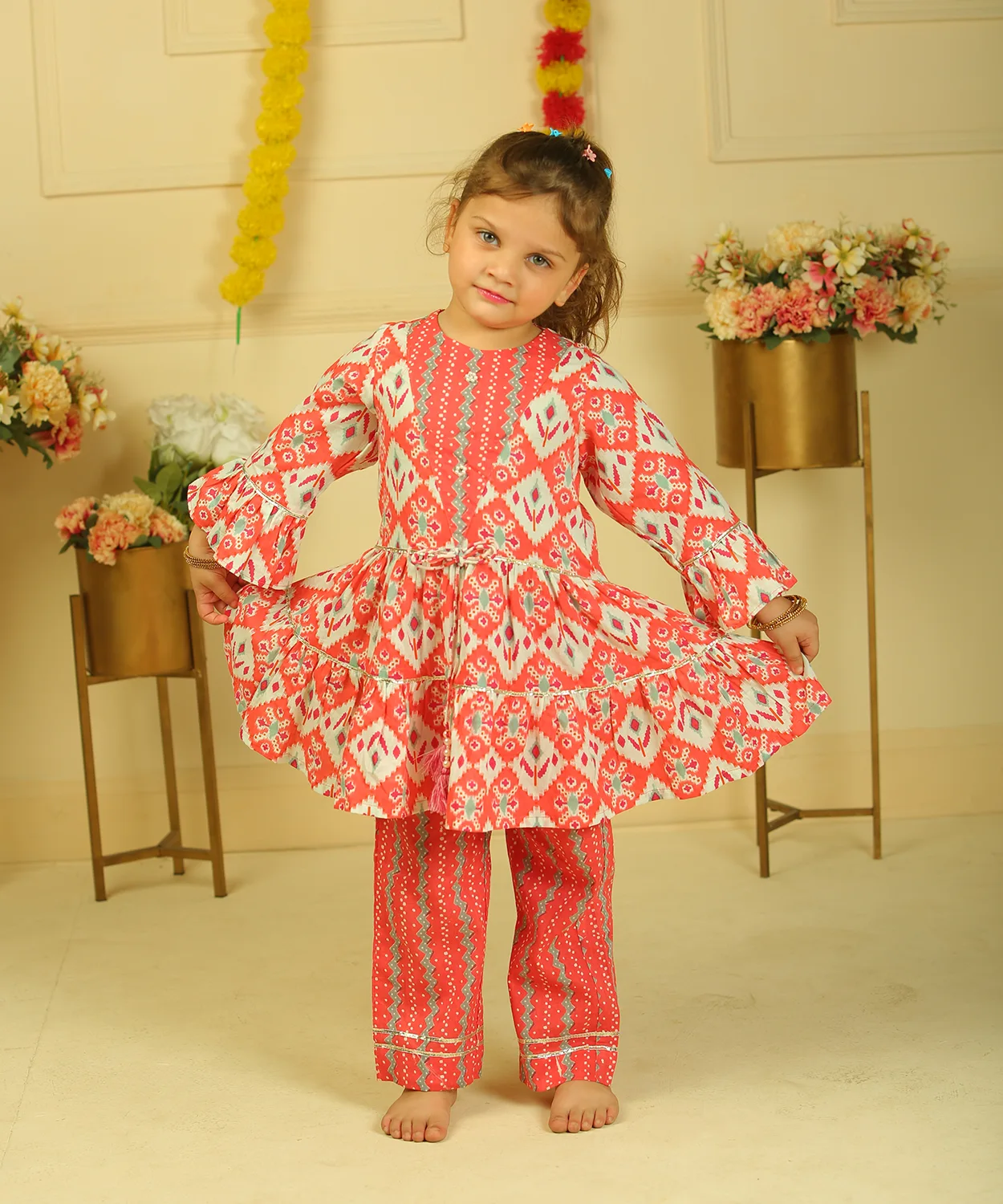 Red Printed Gheri Kurta With Pants