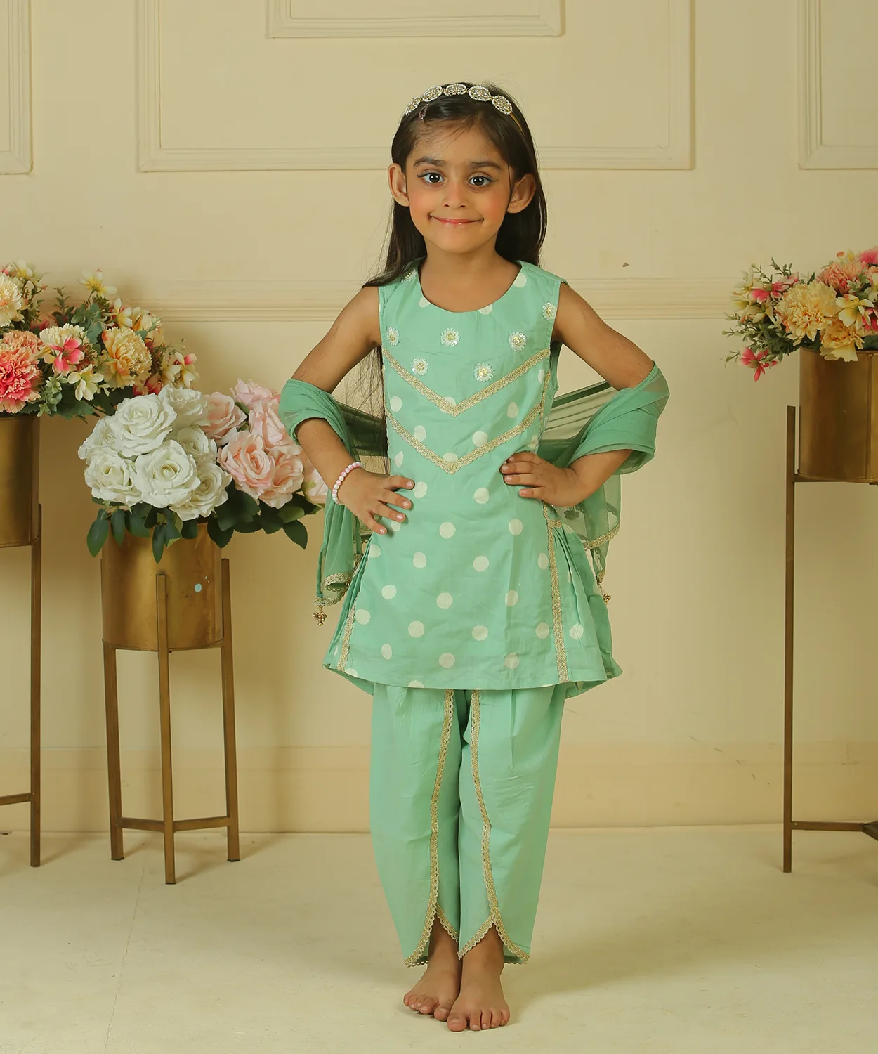 Sage Green Gathered Peplum Paired With Dhoti And Dupatta