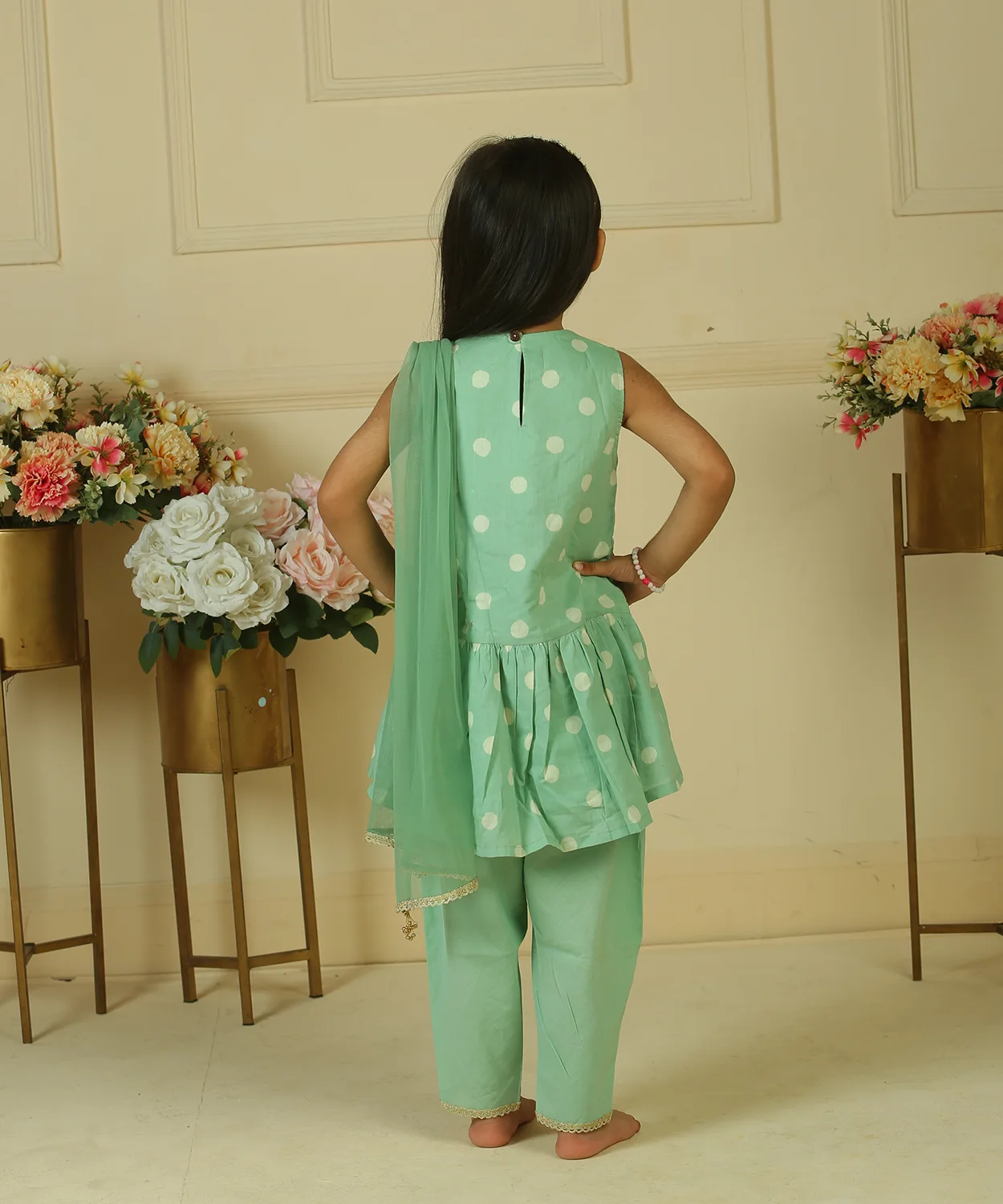 Sage Green Gathered Peplum Paired With Dhoti And Dupatta