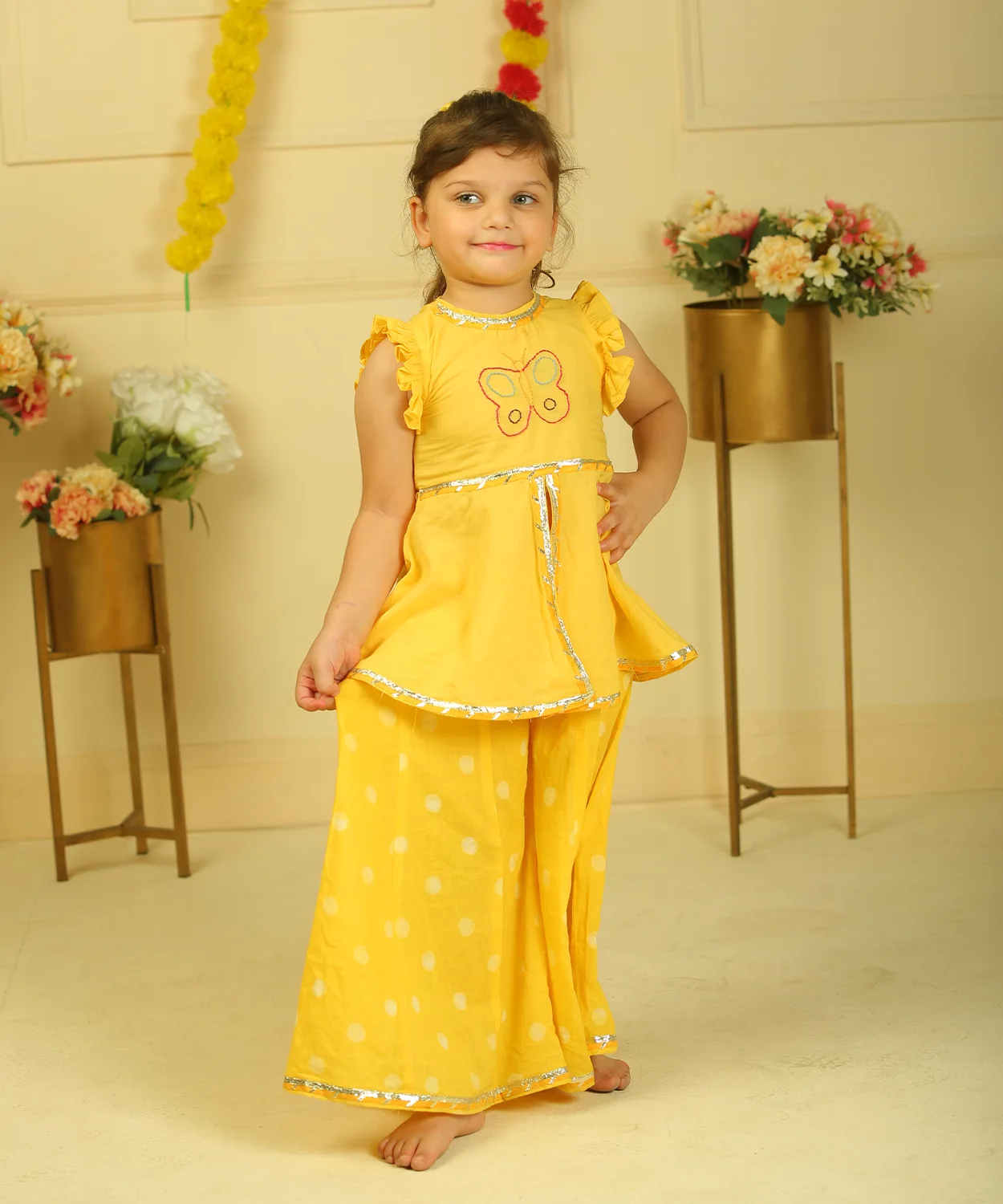 Yellow Polka Dot Peplum And Palazzo Set