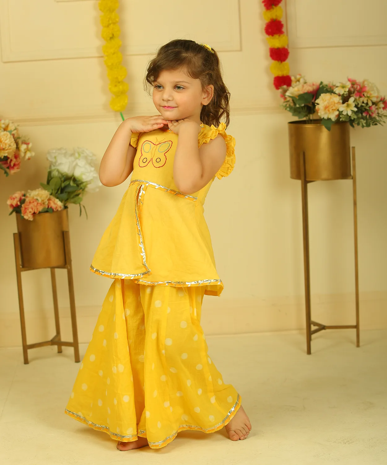 Yellow Polka Dot Peplum And Palazzo Set