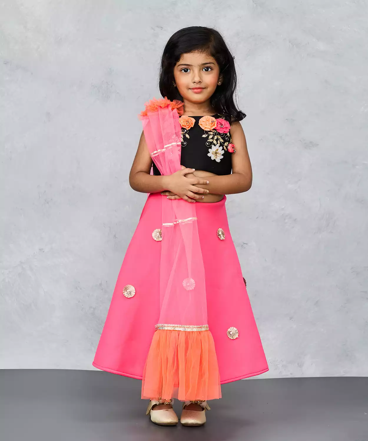 Embroidered Black Choli Pink Lehenga Set