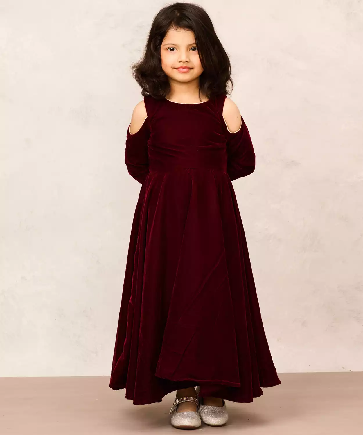 Chic Maroon Velvet Full Sleeve Gown
