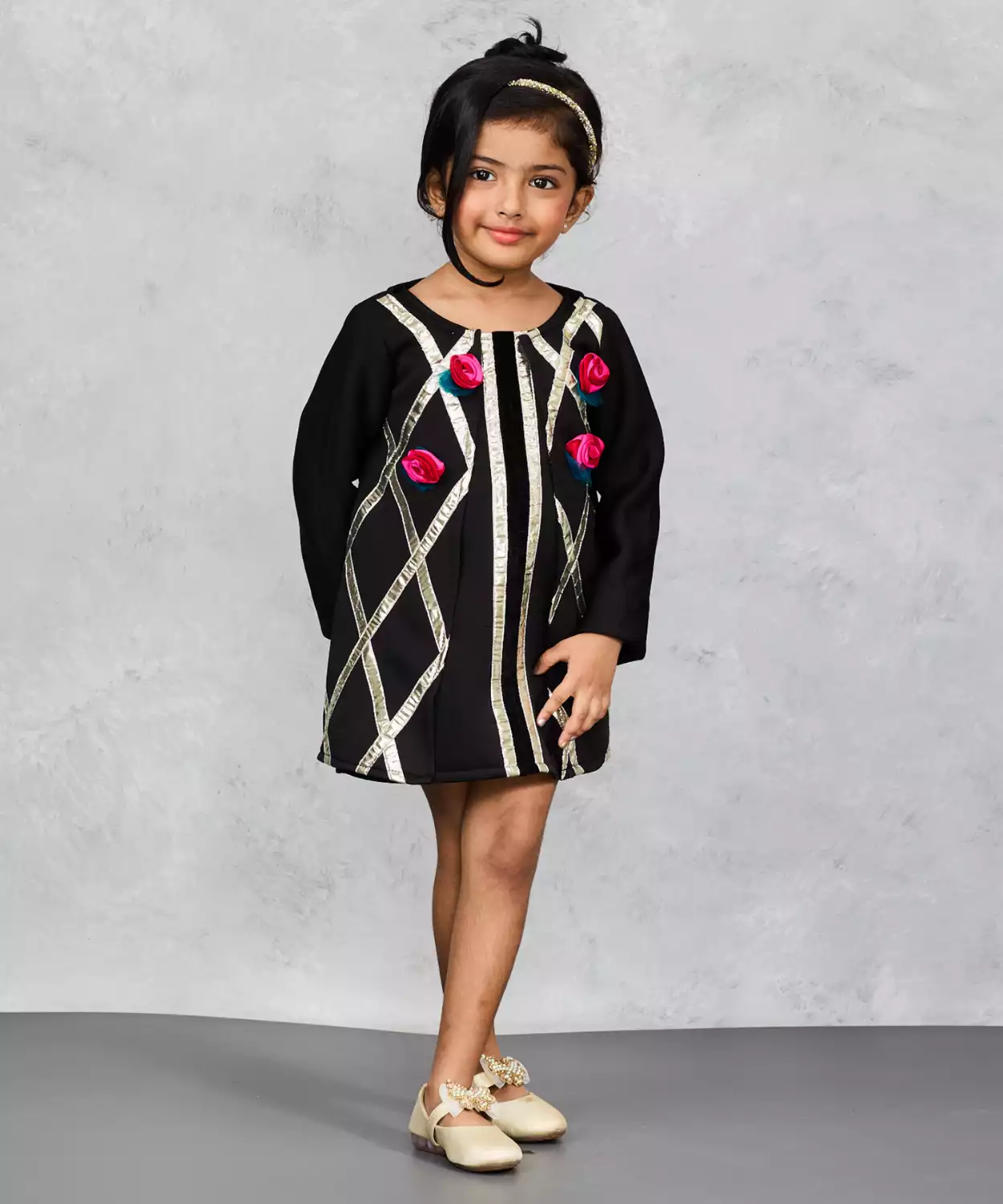 Black Jacket Dress With Gold Work And Floral Embellishment