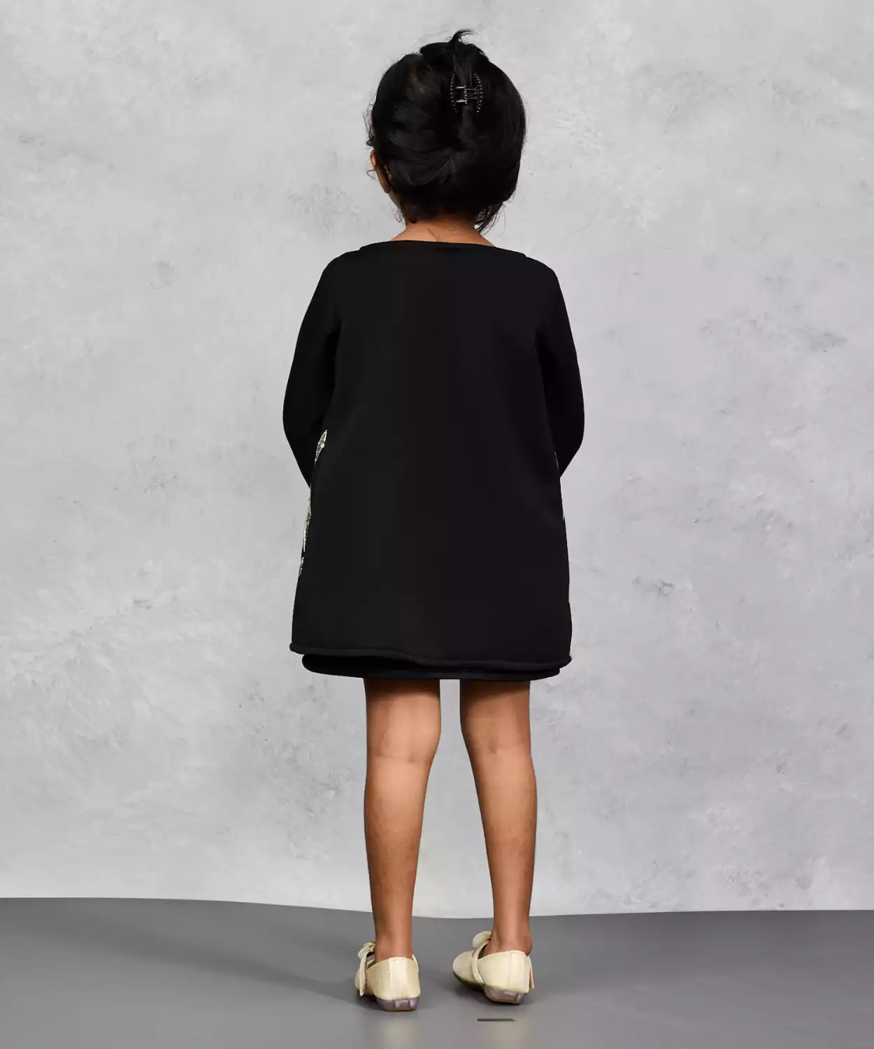 Black Jacket Dress With Gold Work And Floral Embellishment