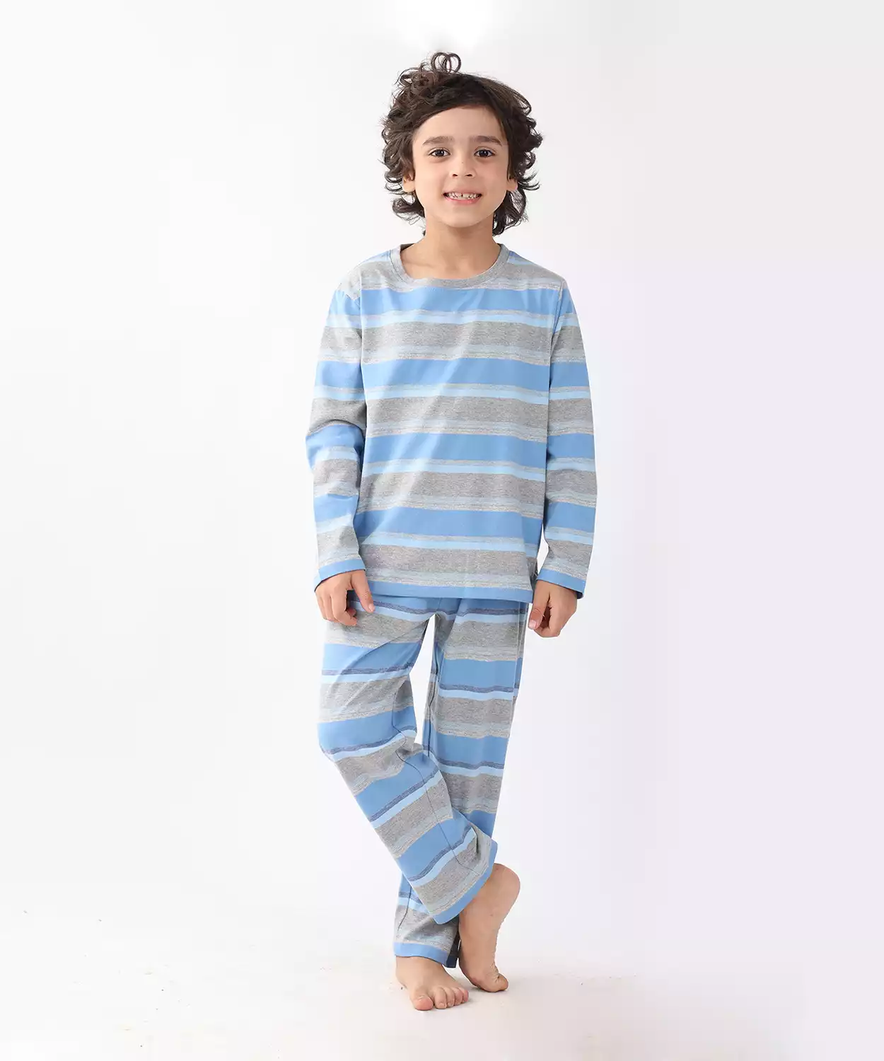 Grey Skyblue Striped Boys Pyjama Set - Multi