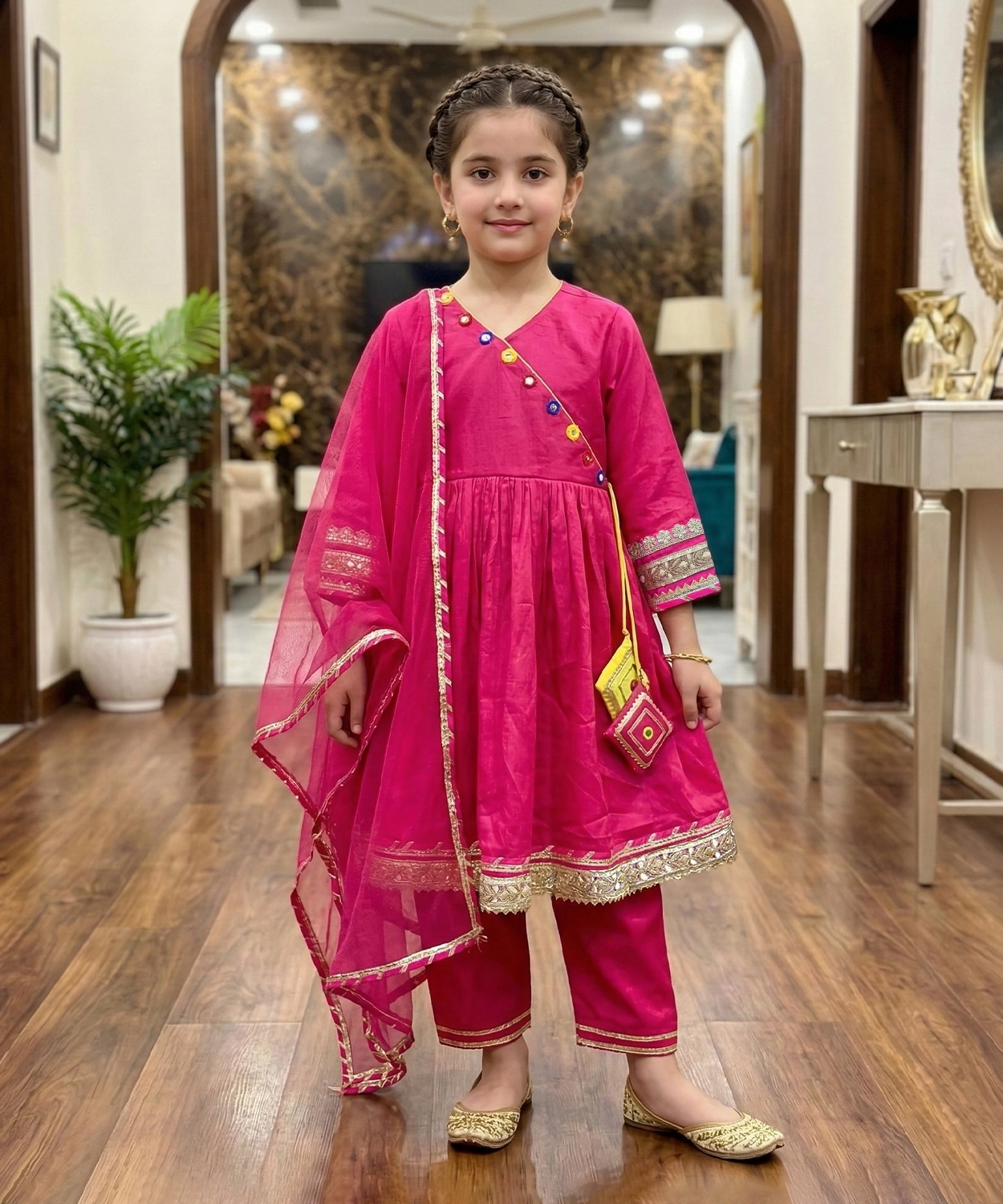 Pink Festive Angrakha Kurta Set with Pants