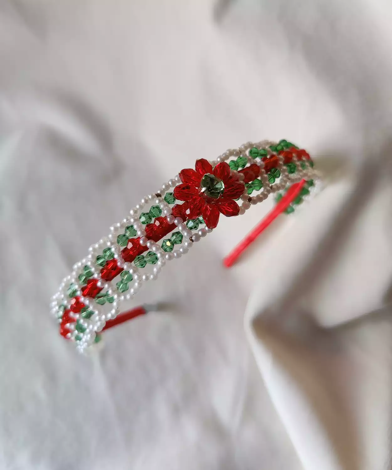 Handmade Crystal Beaded Festive Hairband – White, Red, Green