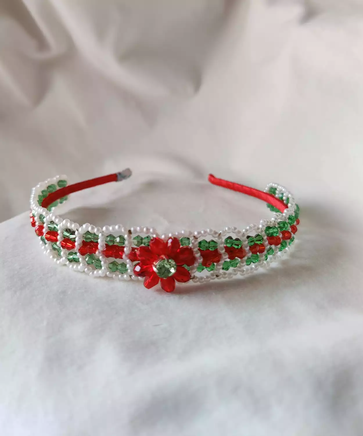 Handmade Crystal Beaded Festive Hairband – White, Red, Green