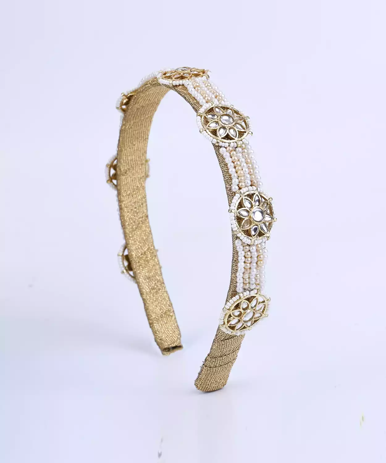 Ethnic Crystal Pearl Hairband with Rows of Pearls and Crystals - Golden, Off White