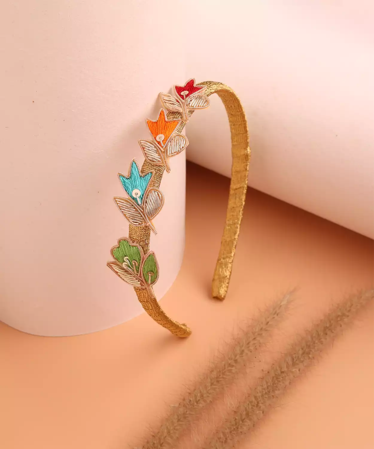 Embroidered Headband with Multicolor Threads & Golden Base