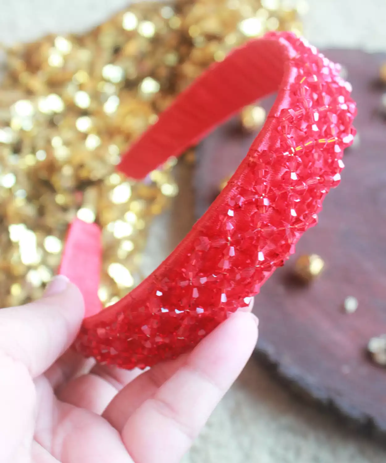 Hairband -Crystal Beaded Headband with Satin Padding - Red