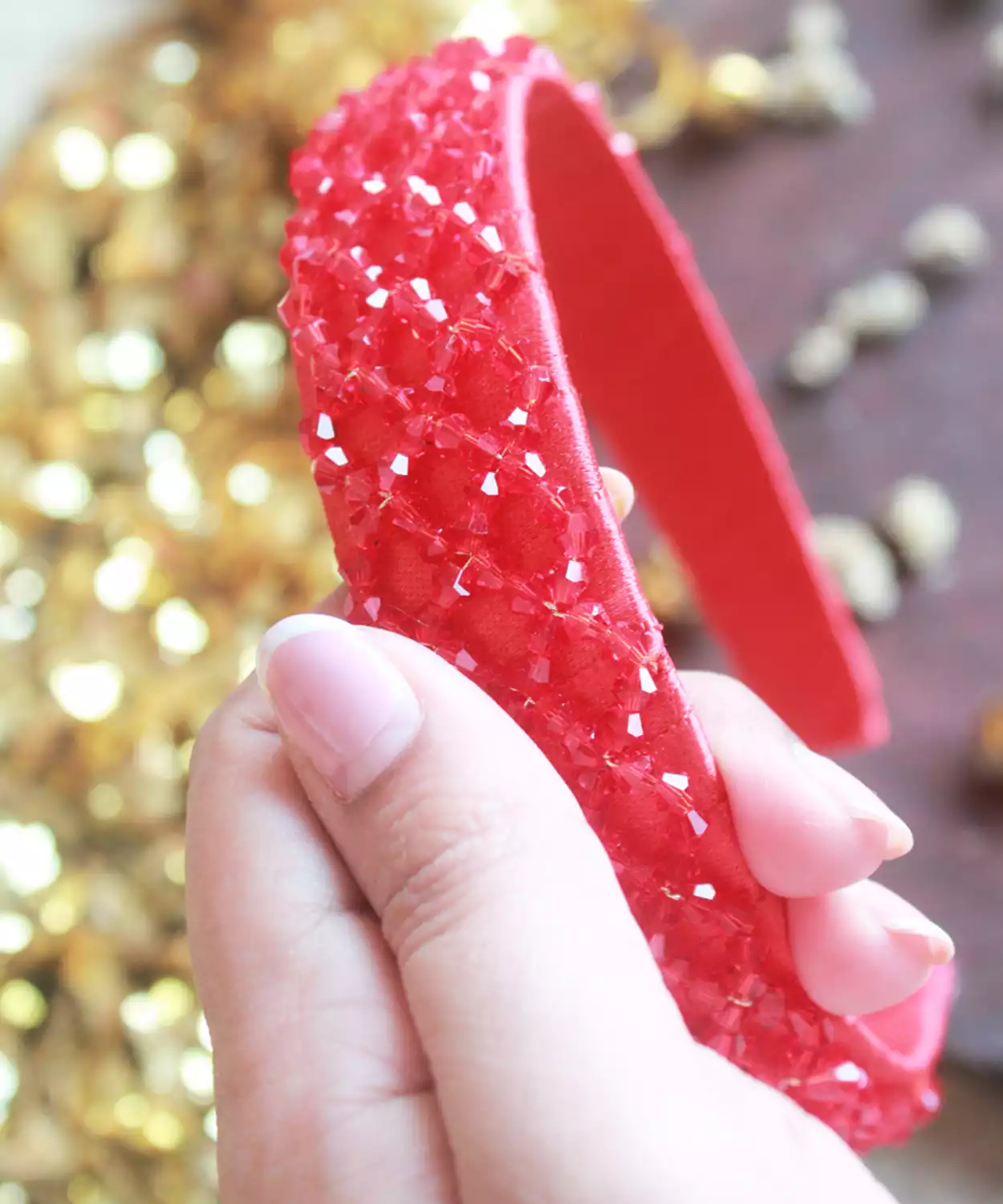 Hairband -Crystal Beaded Headband with Satin Padding - Red