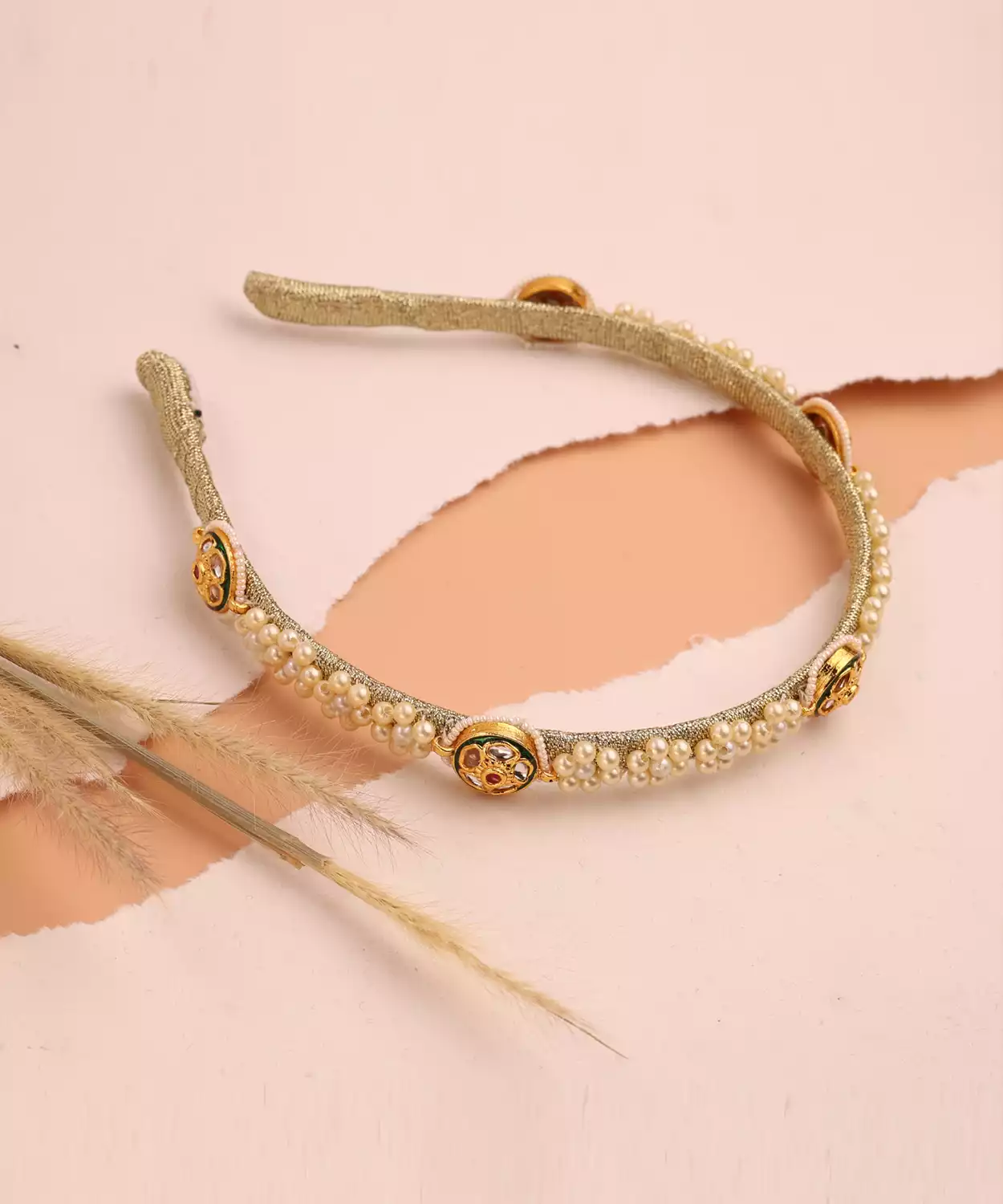 Pearl Headband with Kundan Discs & Golden Thread Base