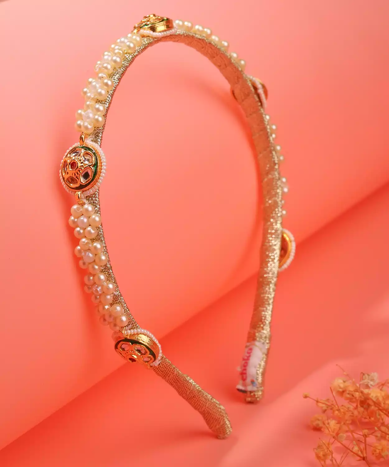 Pearl Headband with Kundan Discs & Golden Thread Base
