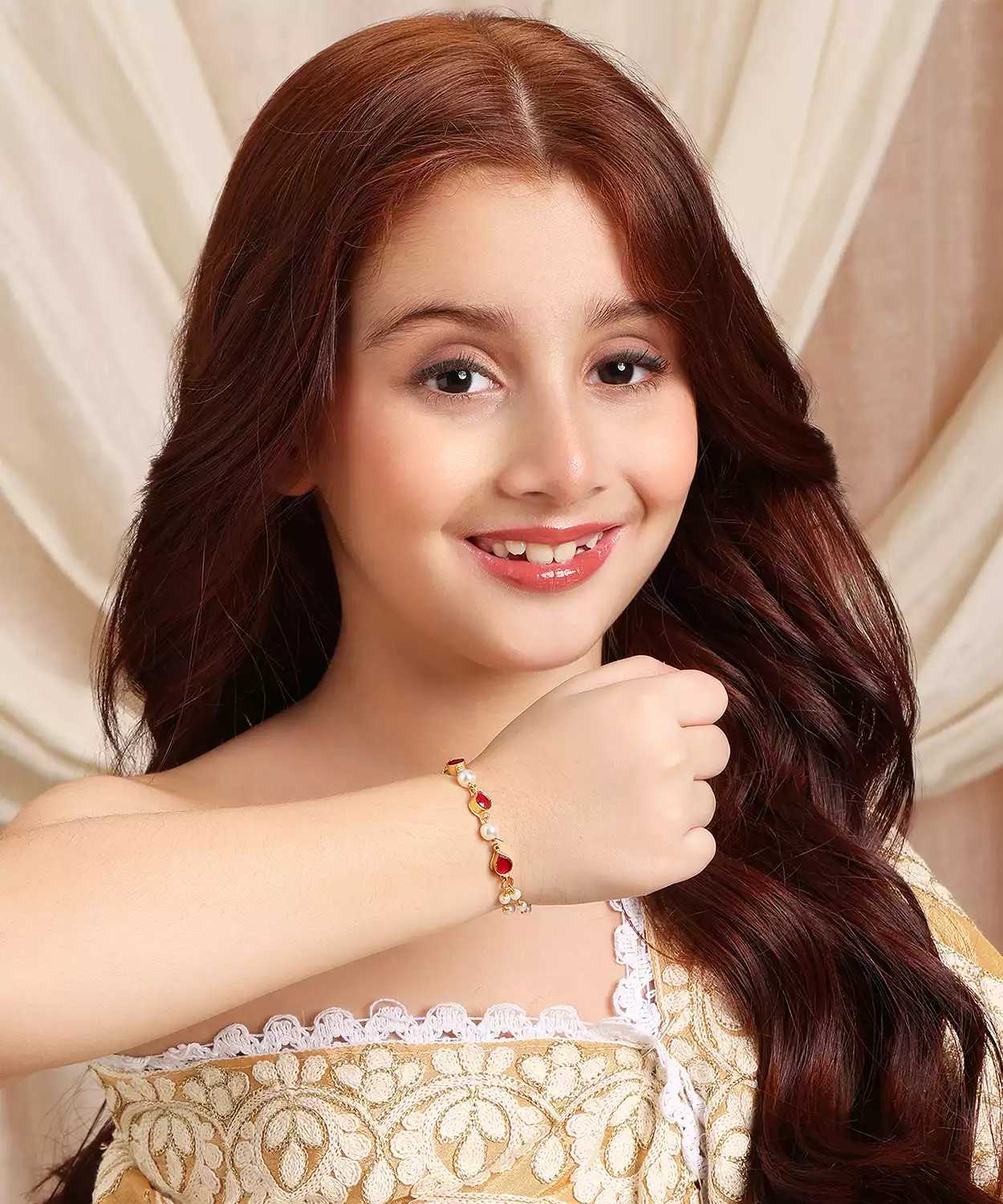 Kids Kundan Maroon Stone Bracelet In Gold Plated Brass