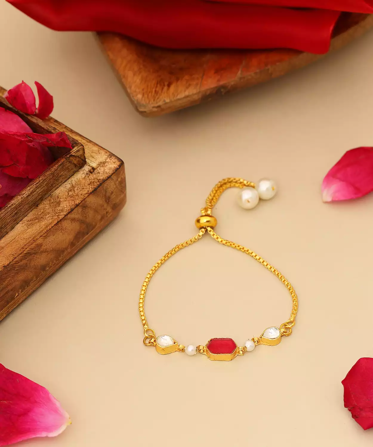 Kids Kundan Maroon Stone Bracelet In Gold Plated Brass