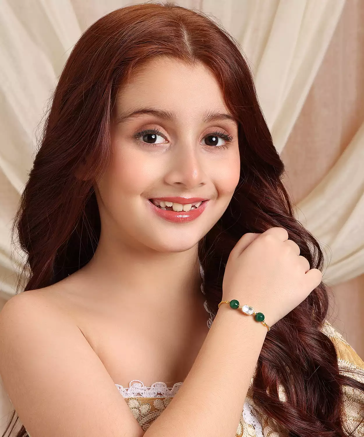 Kids Kundan Green Stone Bracelet In Gold Plated Brass