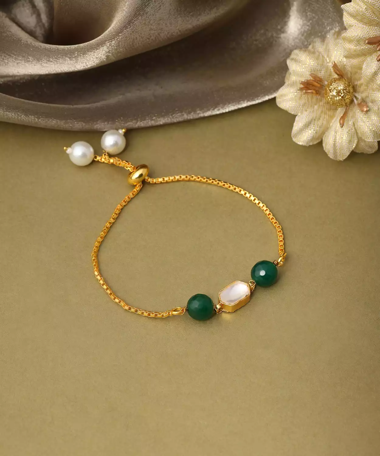 Kids Kundan Green Stone Bracelet In Gold Plated Brass