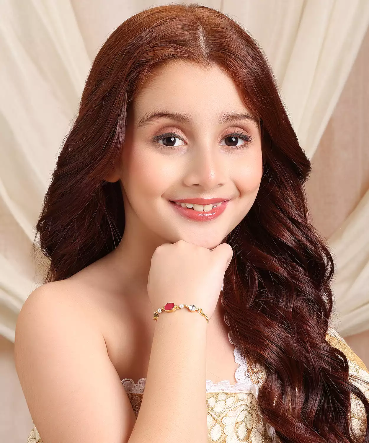 Kids Kundan Maroon Stone Bracelet In Gold Plated Brass