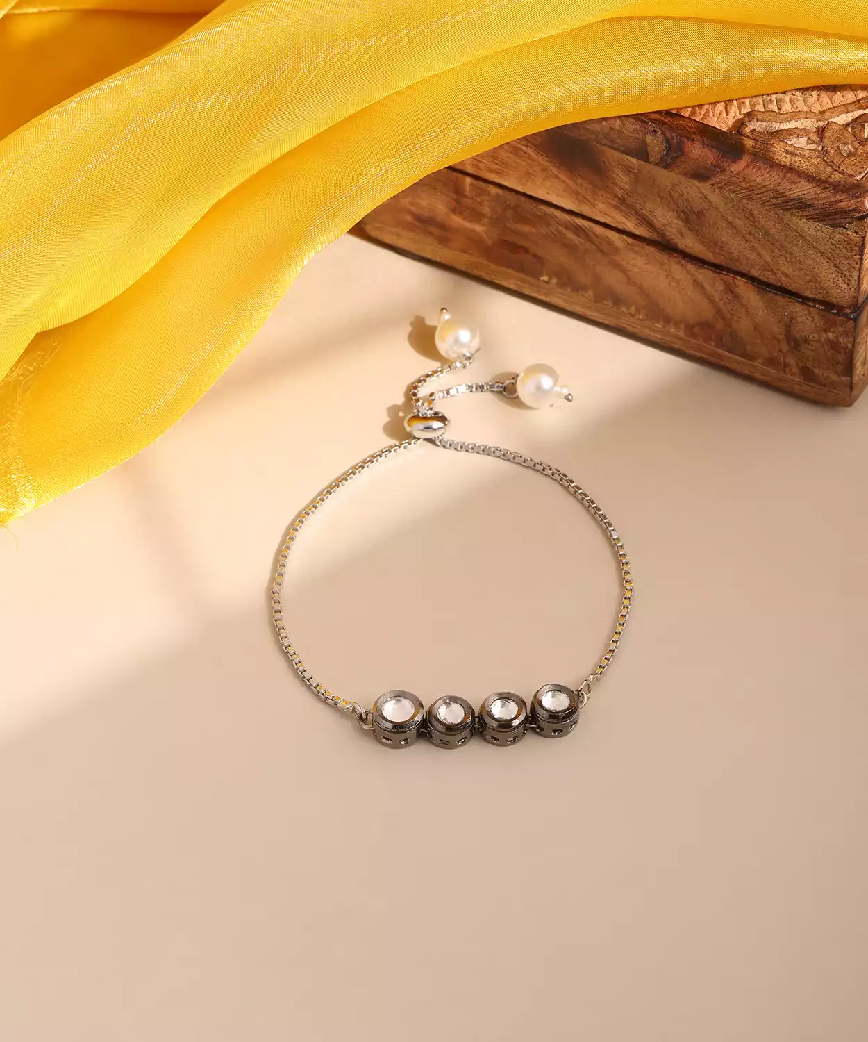 Kids Round Kundan Bracelet In Silver Gold Finish Brass