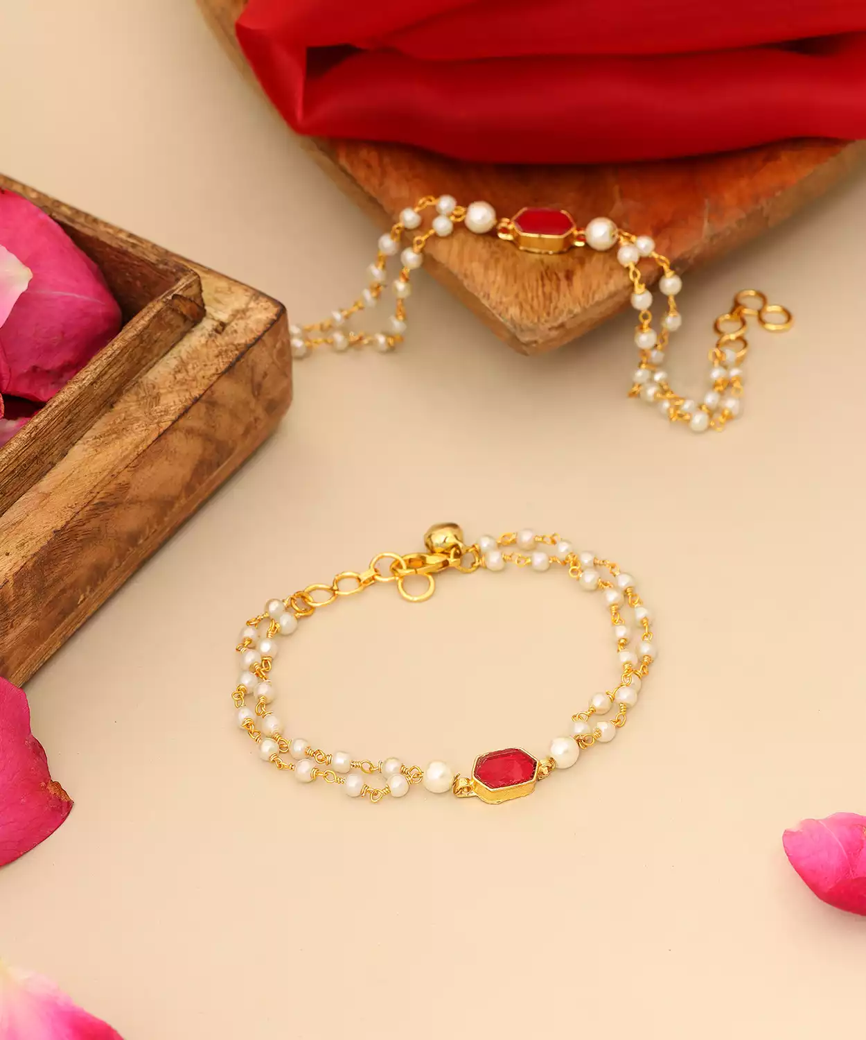 Kids Kundan Maroon Stone Anklets Payal In Gold Plated Brass With Pearls
