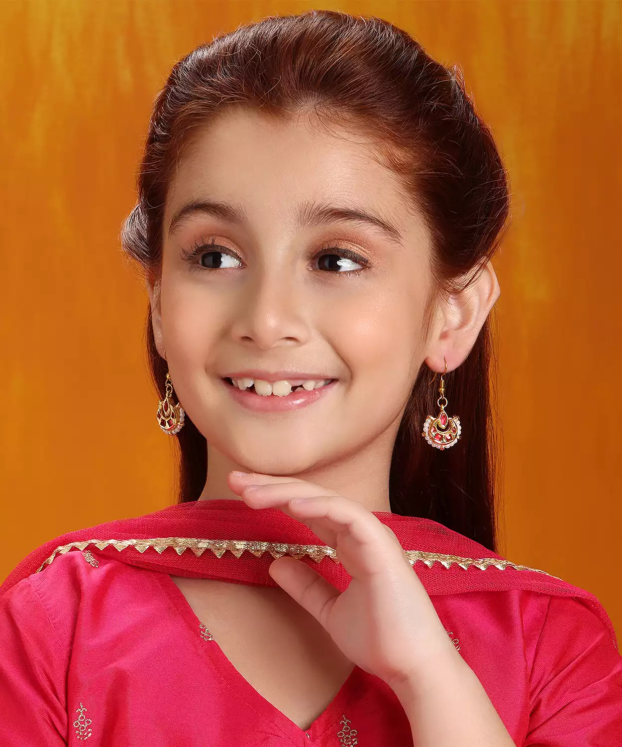 Kids Kundan Loop Earrings In Gold Plated Brass