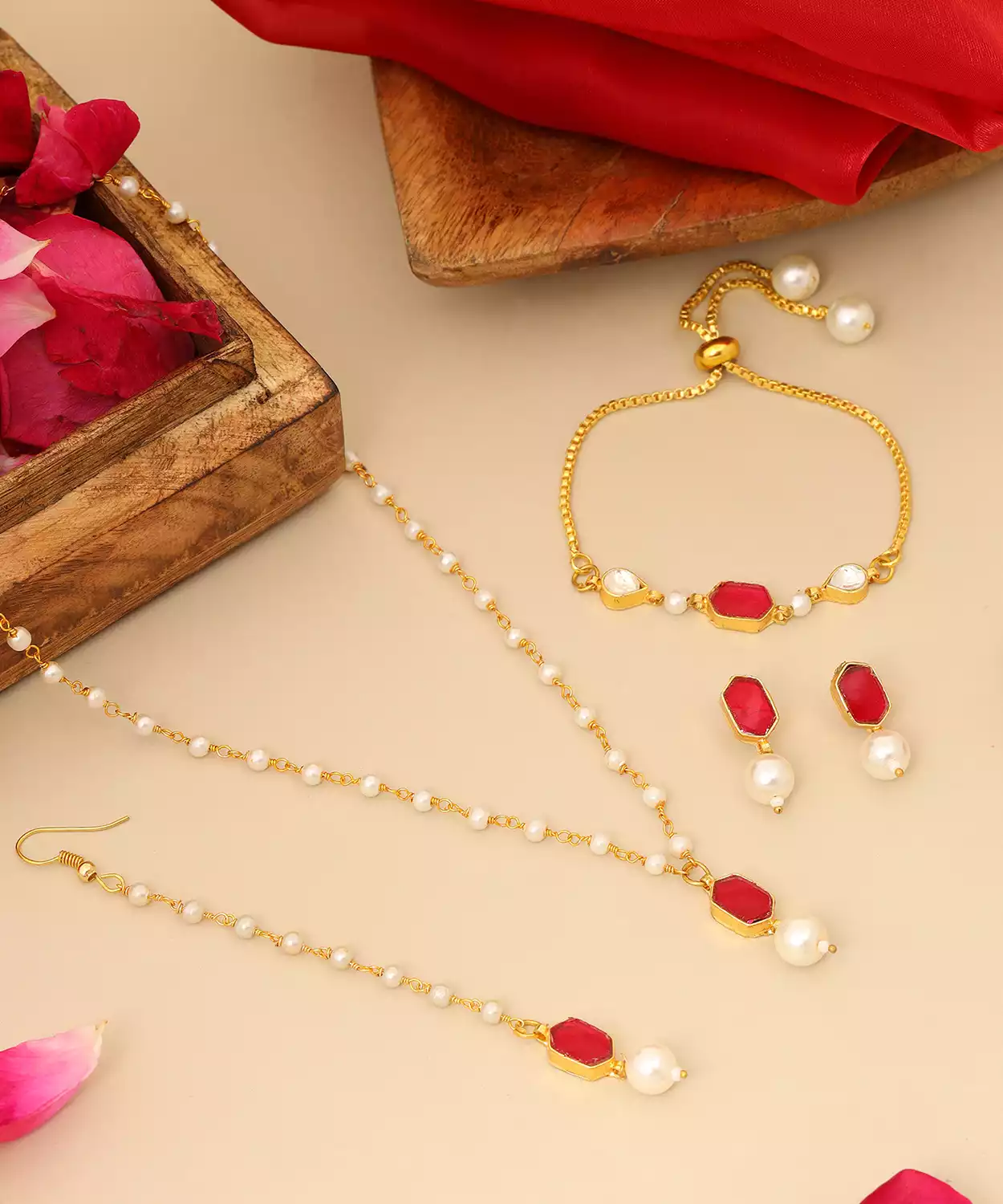 Kundan Maroon Stone Jewelry Set in Gold Plated Brass with Pearls