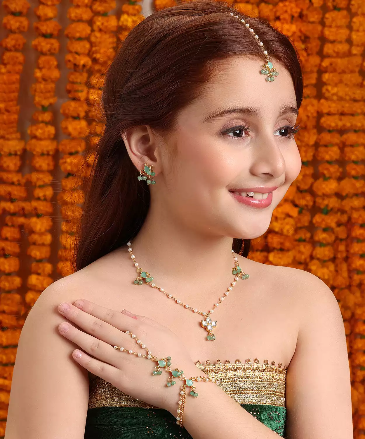 Kundan Mint Green Stone Necklace, Earrings, Haath Phool & Maang Tikka Jewelry Set