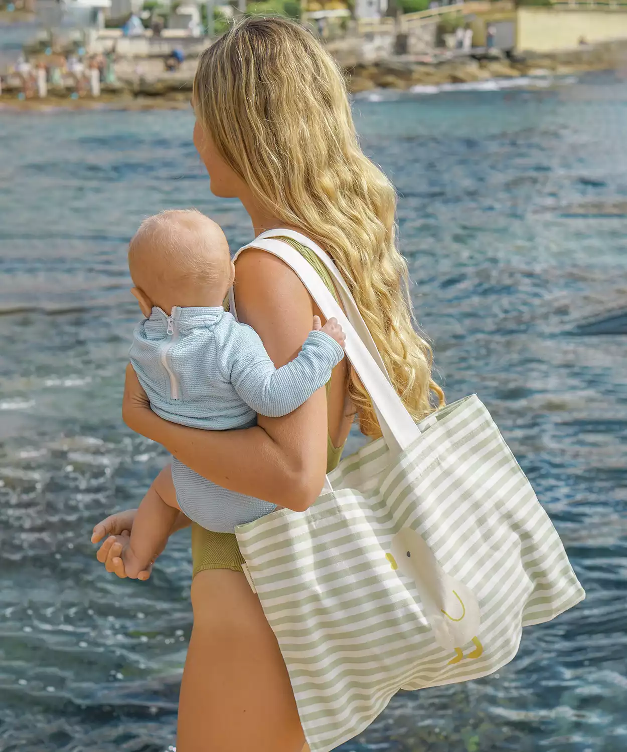 Kids Canvas Beach Bag Duck Sage Stripe
