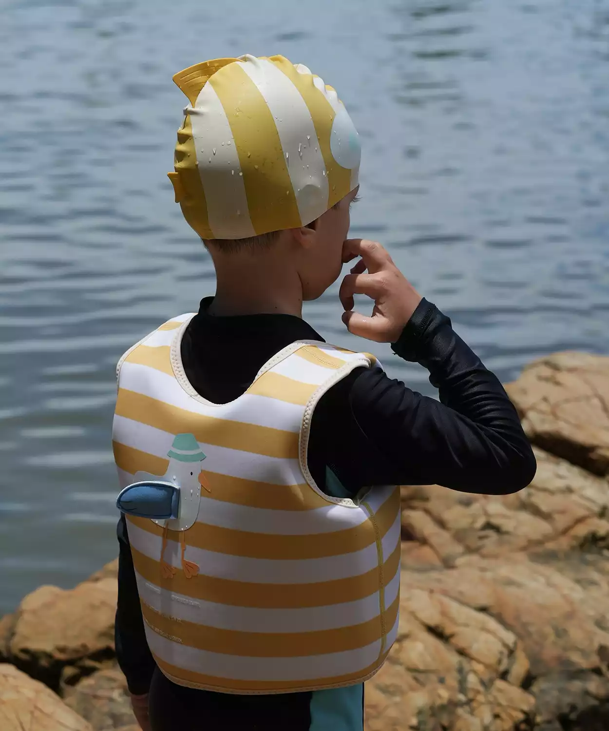 Kids Swimming Cap Finn the Fish Mustard Stripe