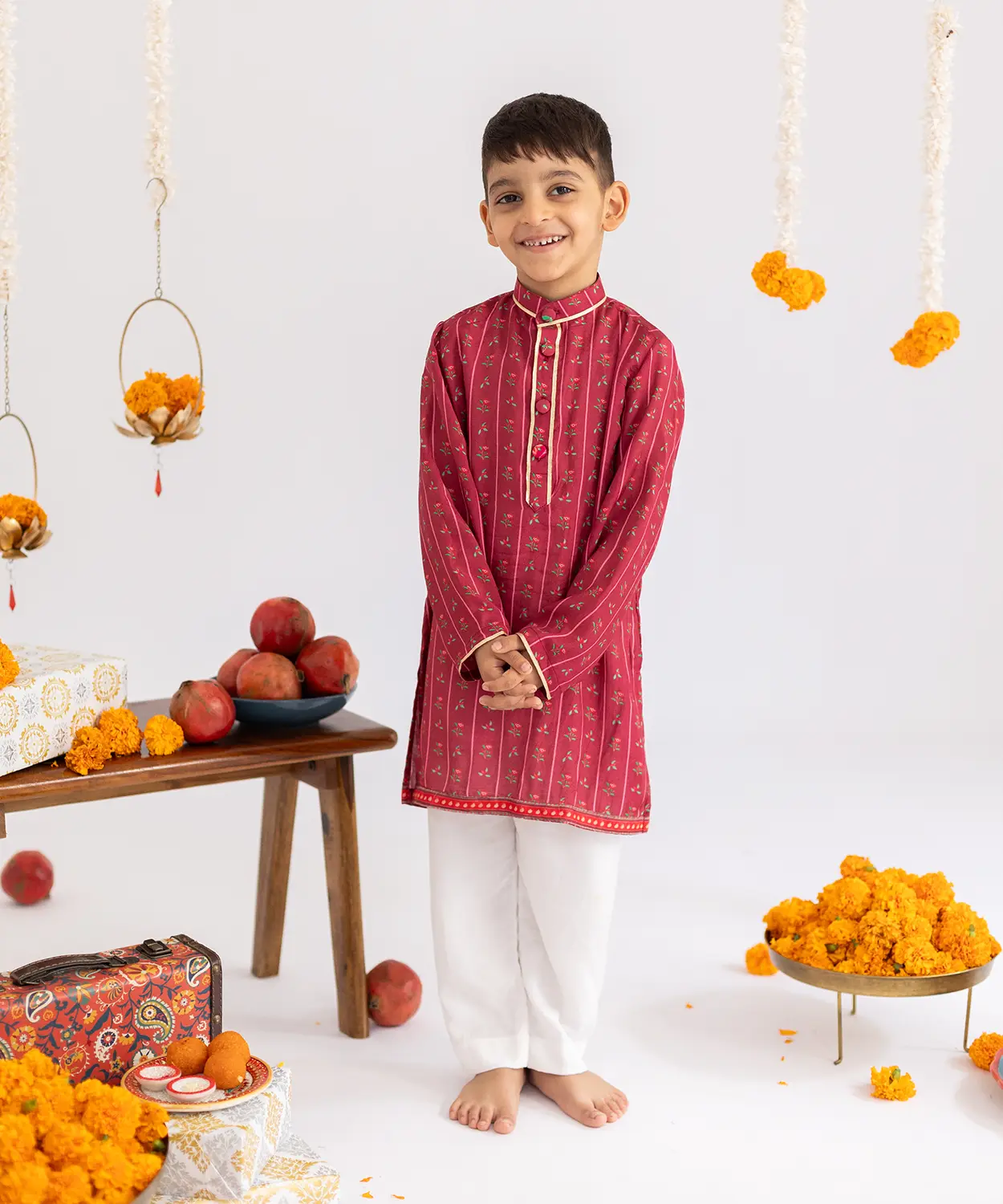 Maroon Stripes Printed Muslin Kurta Set