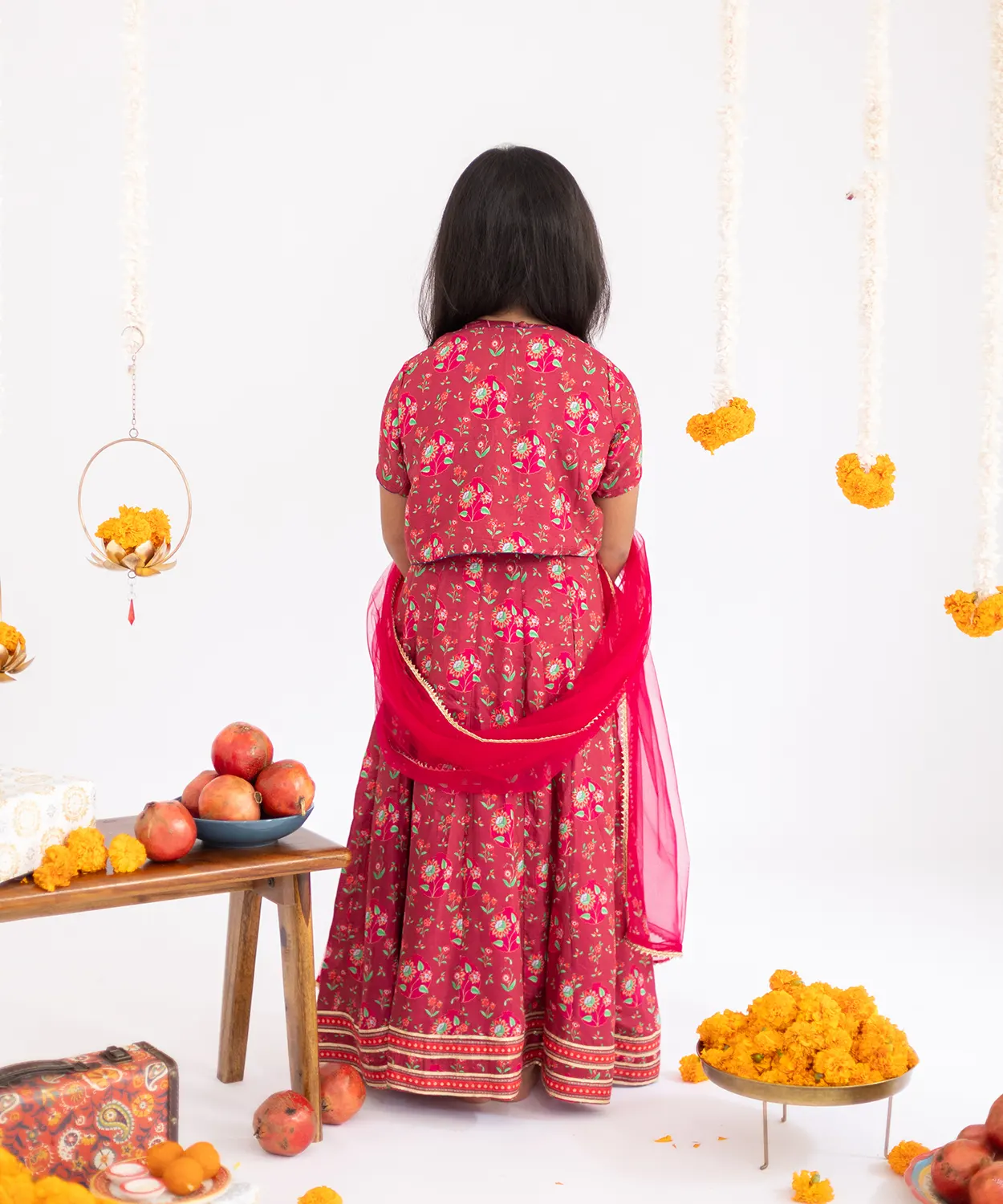 Red Anar Jaal Printed Muslin Lehenga Set