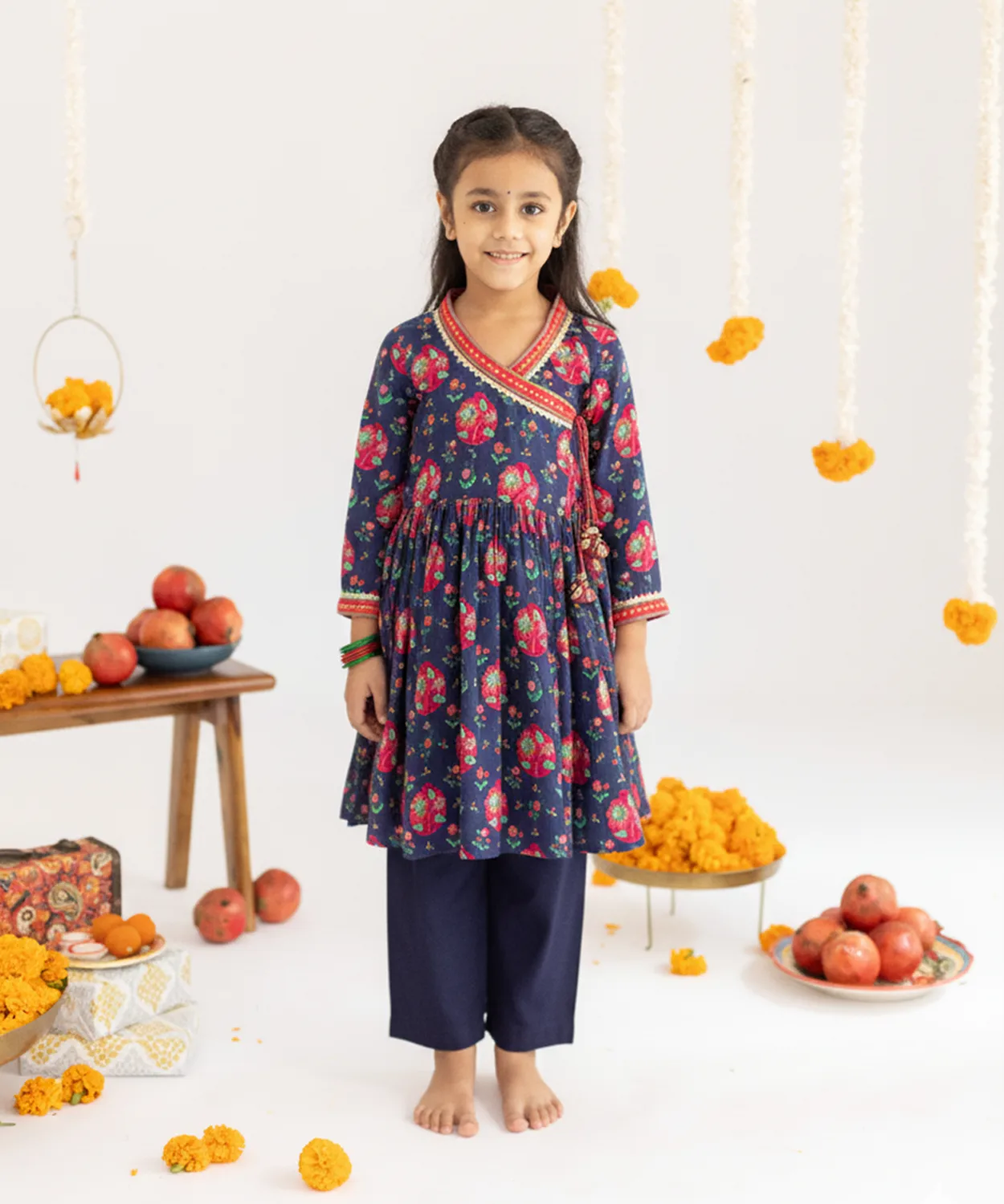 Blue Jaal Printed Muslin Angrakha Set