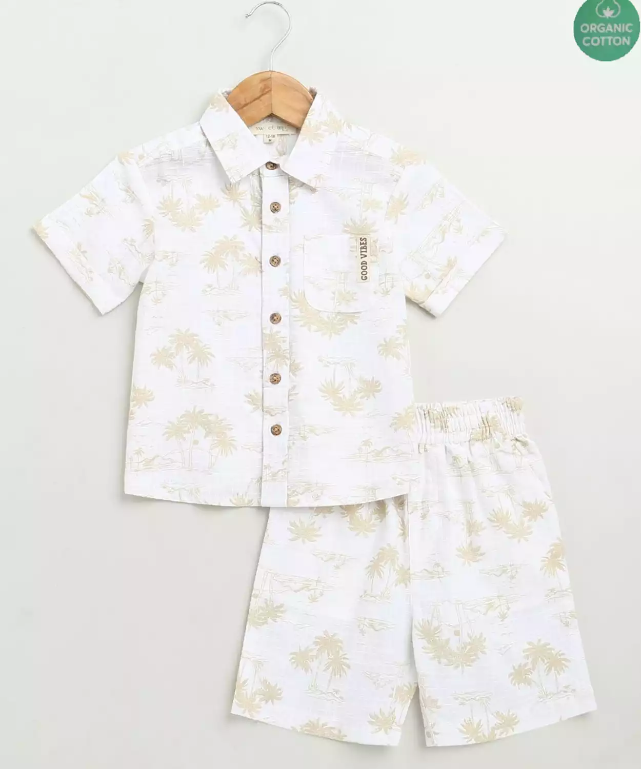 Cotton Woven Palm Tree Printed Co-Ord Set- White