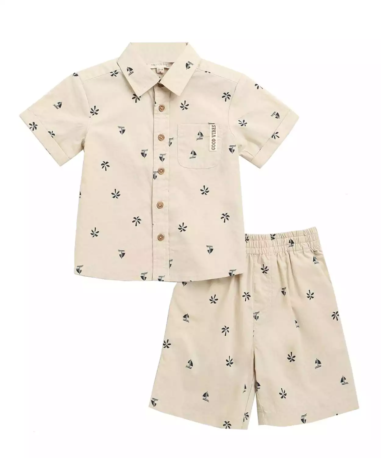 Cotton Woven Half Sleeve Boat Printed Cotton Co-Ord Set- Beige