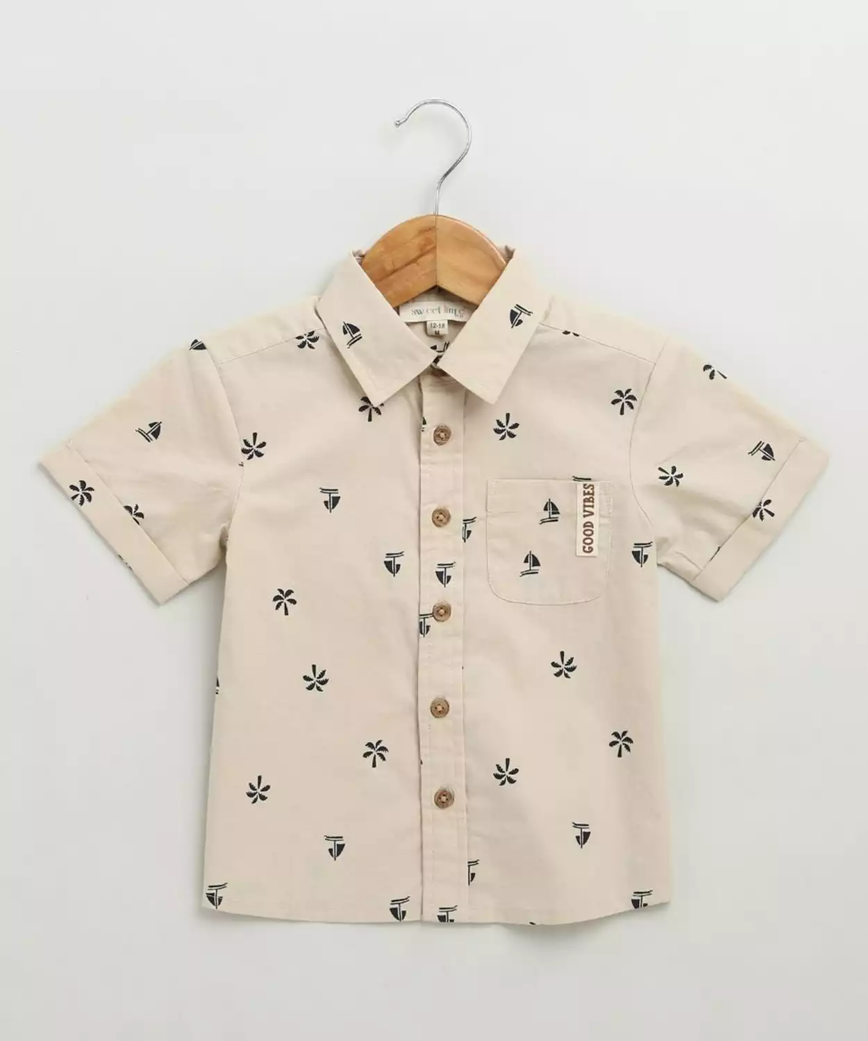 Cotton Woven Half Sleeve Boat Printed Cotton Co-Ord Set- Beige