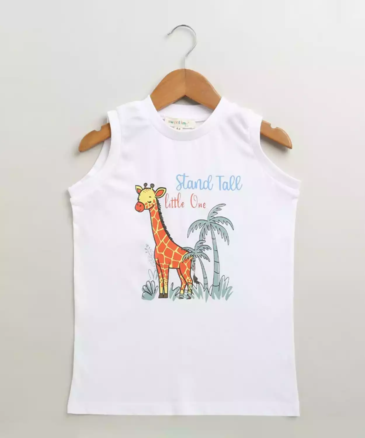 Cotton Woven Sleeveless Tall Tales Giraffe Tank Printed Tshirt- White
