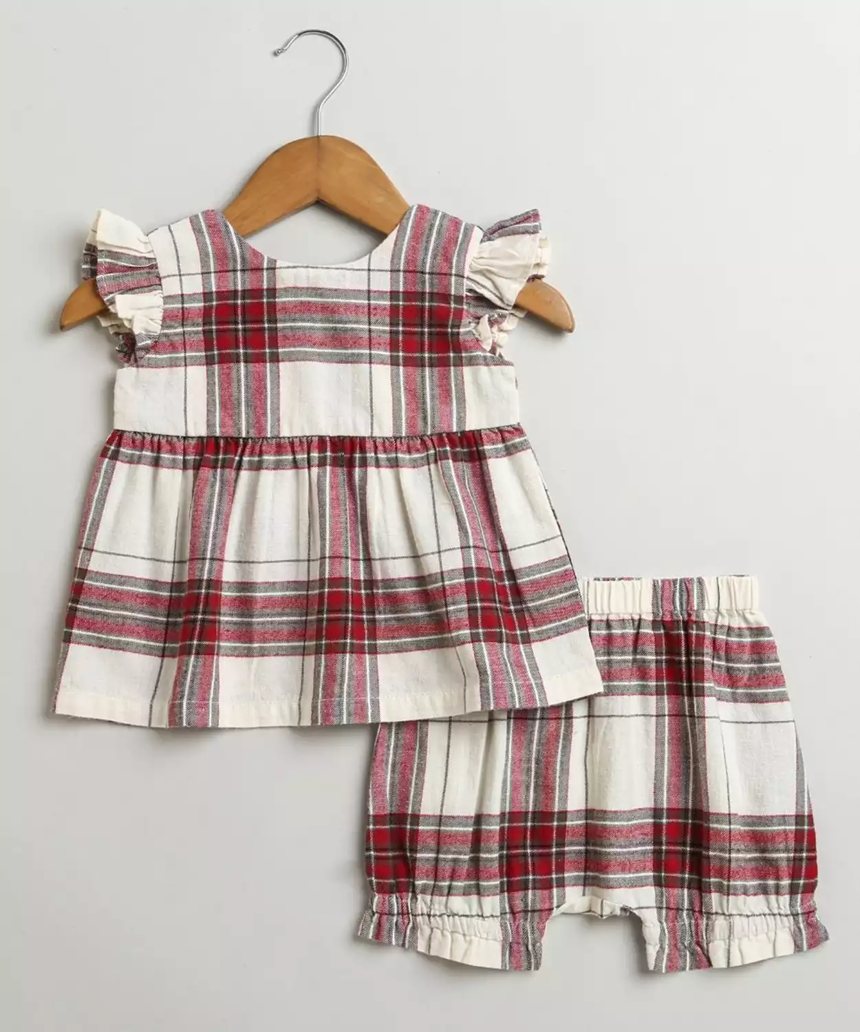 Classic Plaid Ruffle Sleeve Top And Shorts Co-Ord Set