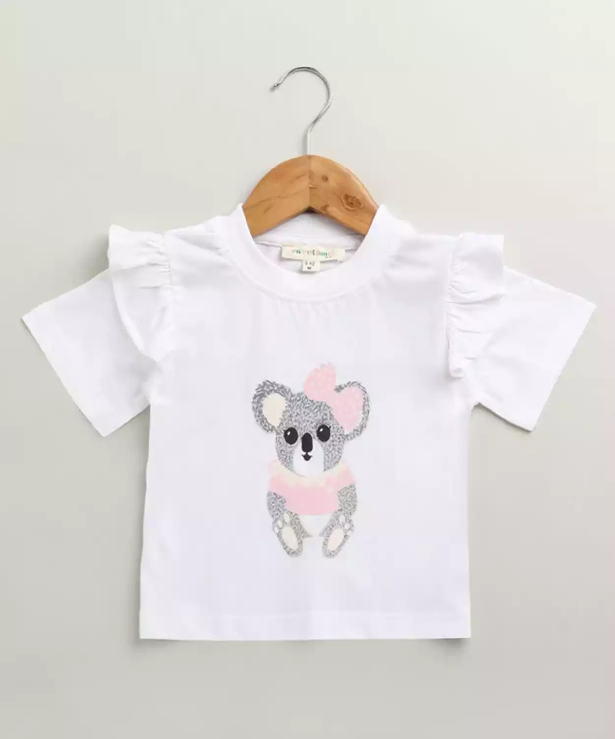 Cotton Woven Half Sleeve Cuddle Koala Ruffle Printed Tshirt- White