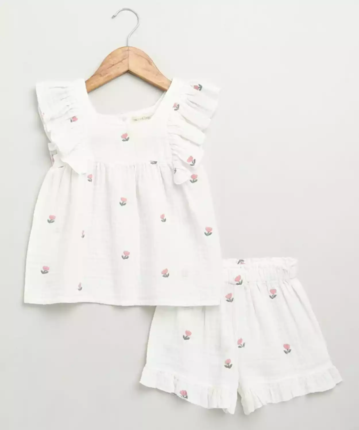 Pink Floral Embroidery Ruffle Organic Cotton Co-Ord Set