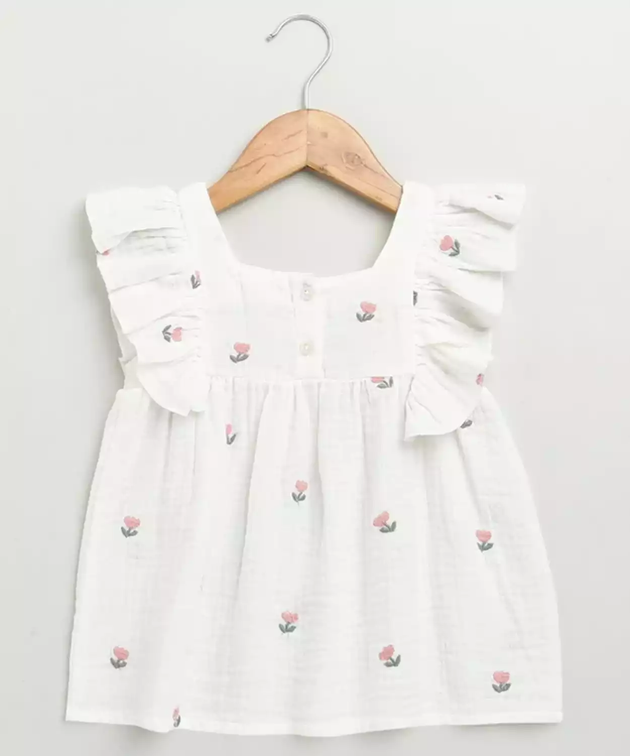 Pink Floral Embroidery Ruffle Organic Cotton Co-Ord Set