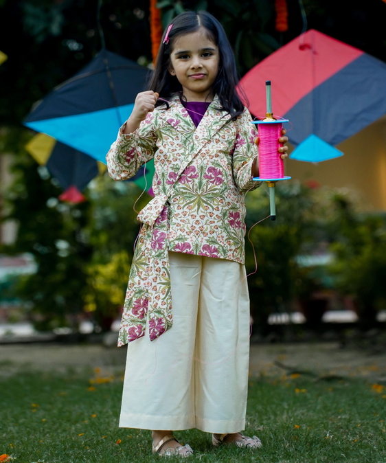 Printed Side Knot Jacket With Palazzo And Inner For Girls - Cream