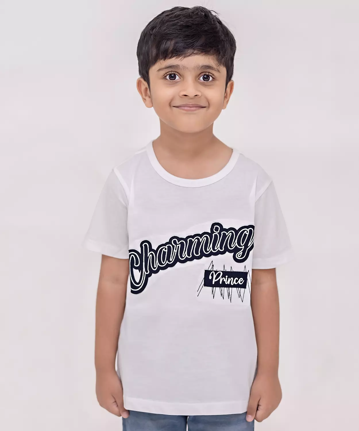 White Pure Cotton Embroidered Half Sleeves T-Shirt