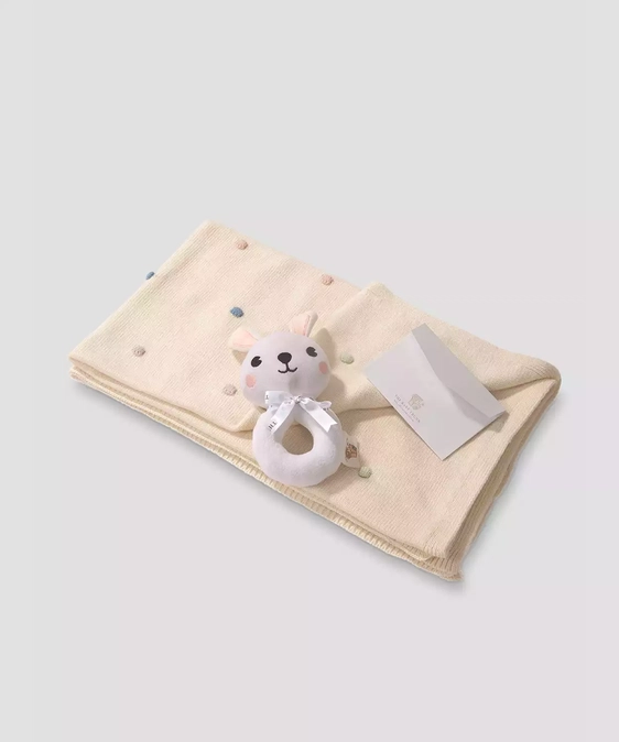 Infant Kids Charming Polka Dot Cozy Knitted Blanket & Bunny Rattle Baby Gift Set of 2