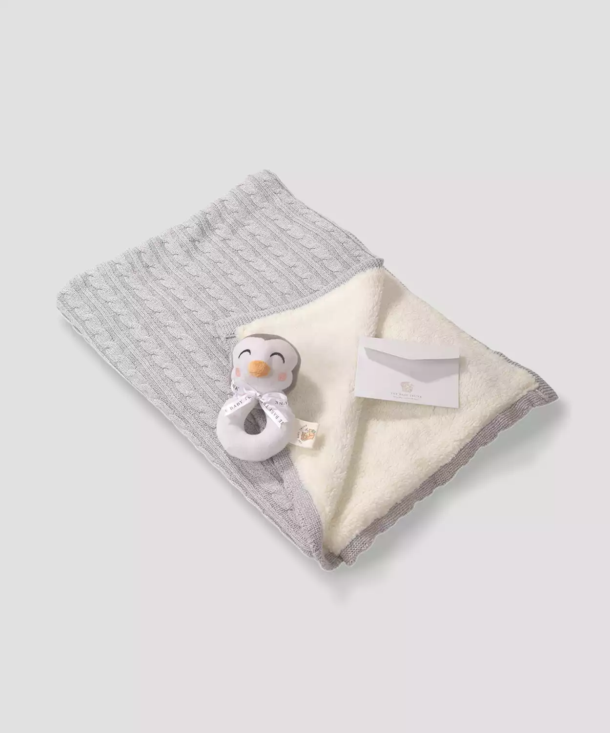 Infant Kids Sherpa Knitted Blanket with Penguin Rattle Winter Cuddle Set of 2