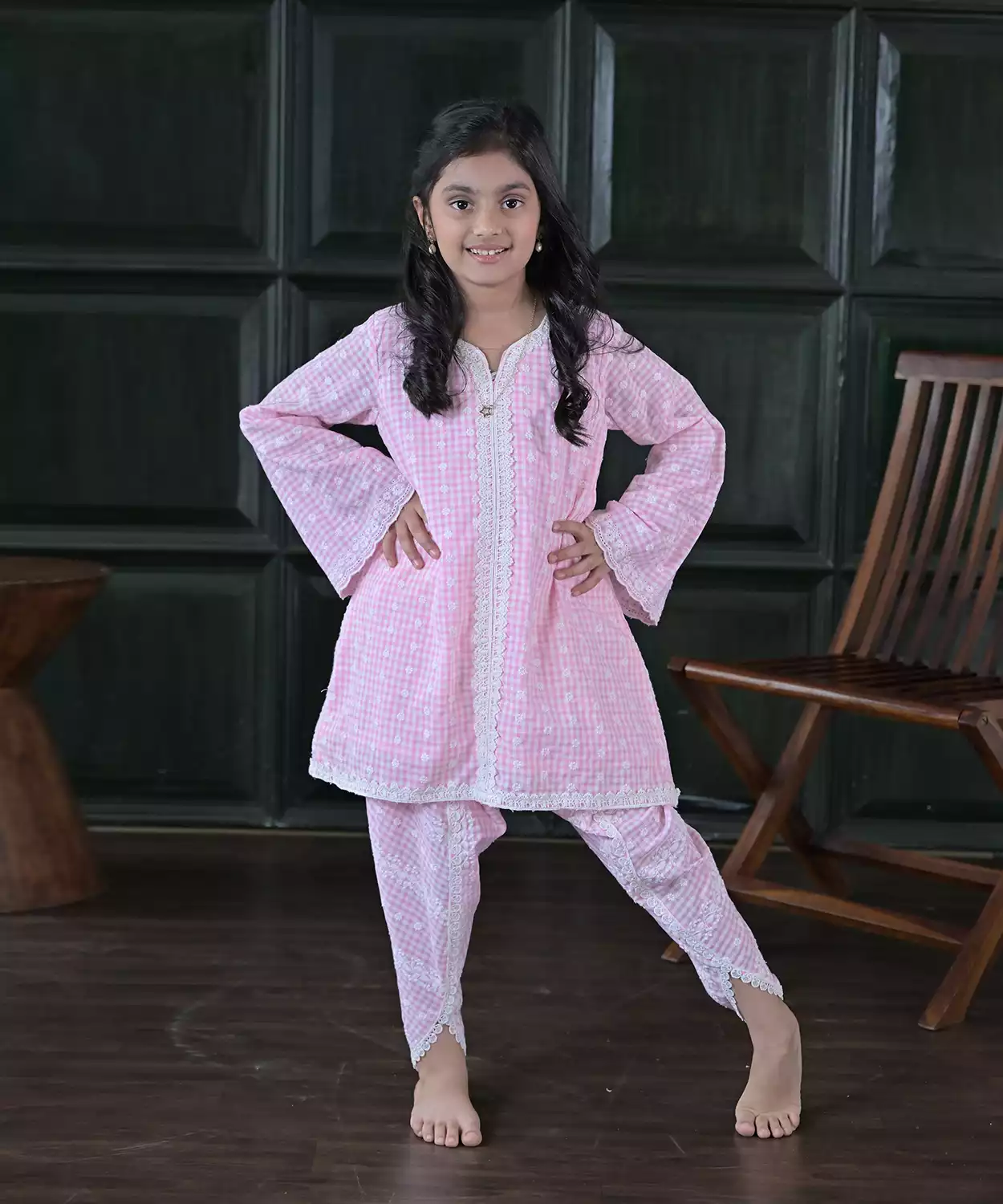 Pink Gingham Check Kurta Set