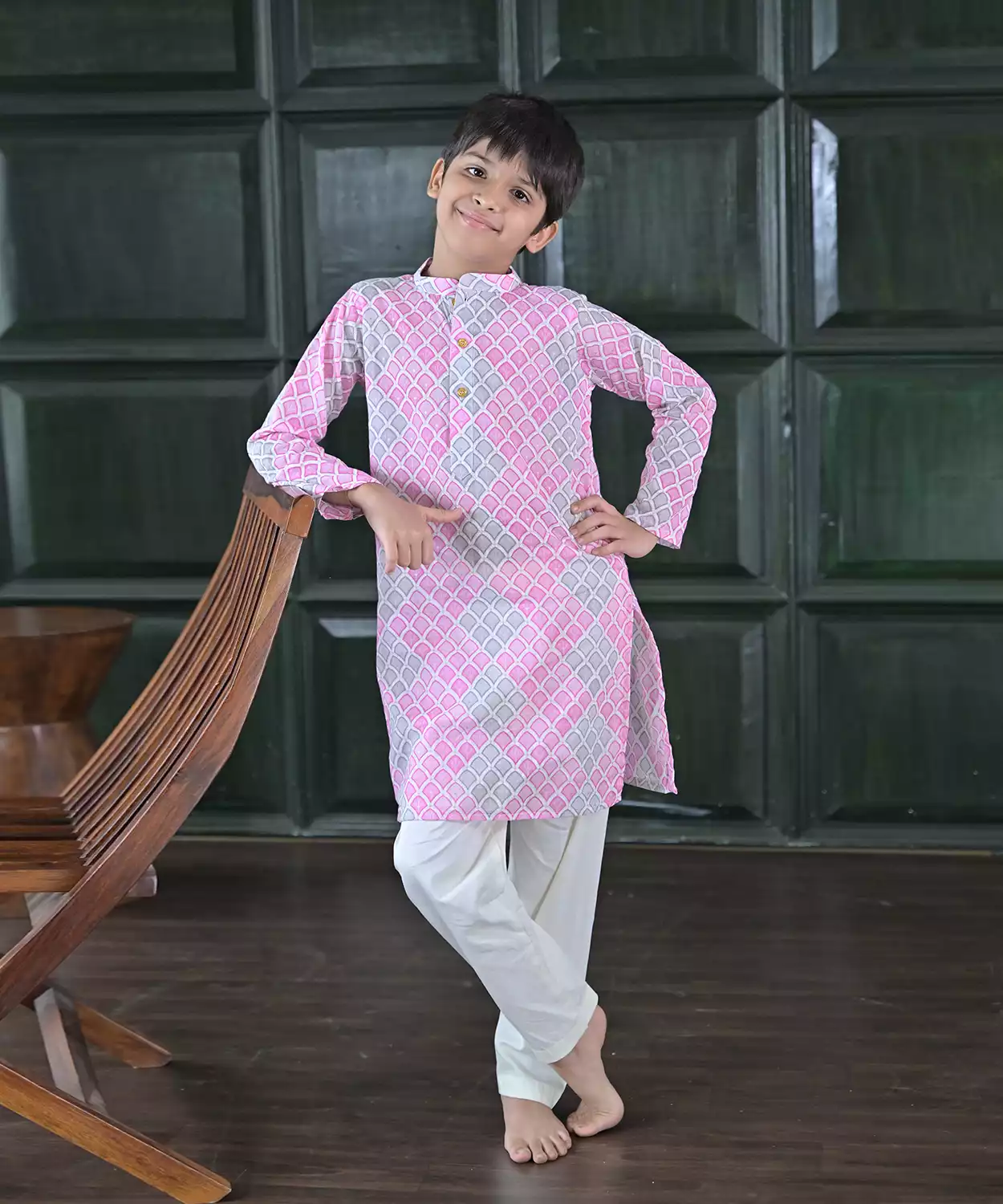 Pink-Grey Honeycomb Kurta Set