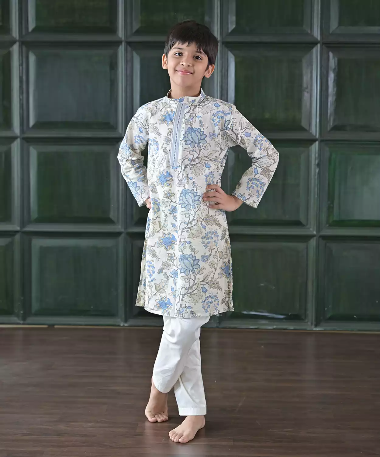 Grey-Blue Floral Kurta Set