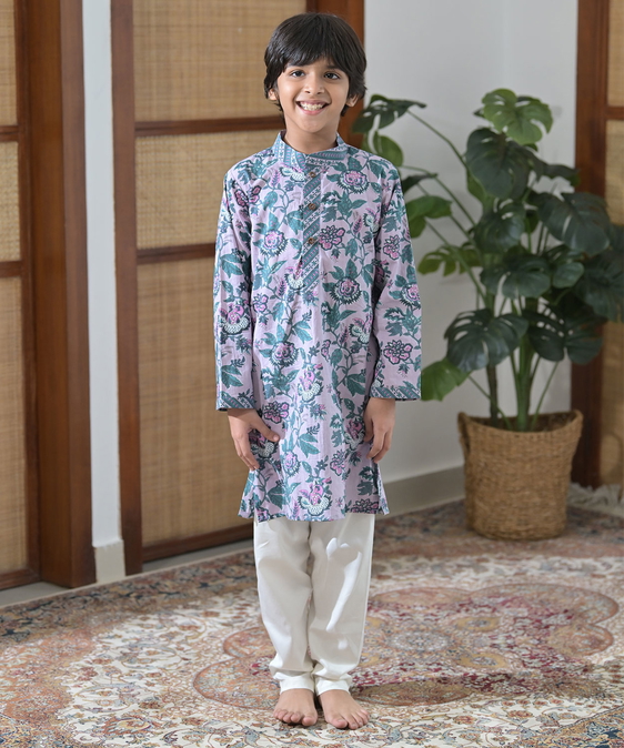 Lilac Floral Cotton Kurta Set